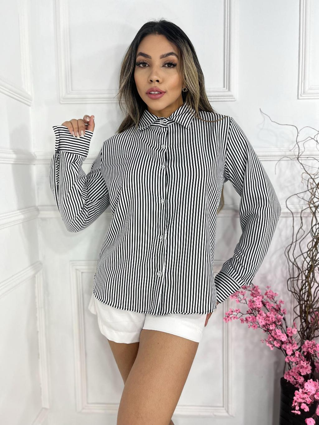 Camisa Social Manga Longa Feminina Crepinho Listrado