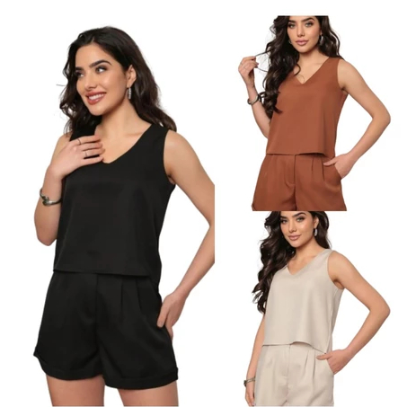 Conjunto Alfaiataria Blusa Sem Manga e Short com Bolso