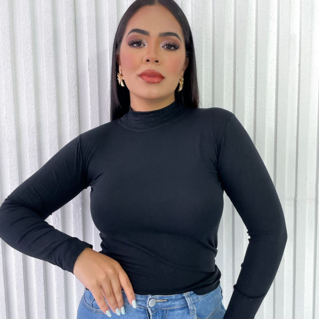 Blusa Feminina Cacharrel Gola Alta Manga Longa Segunda Pele Básica Elegante