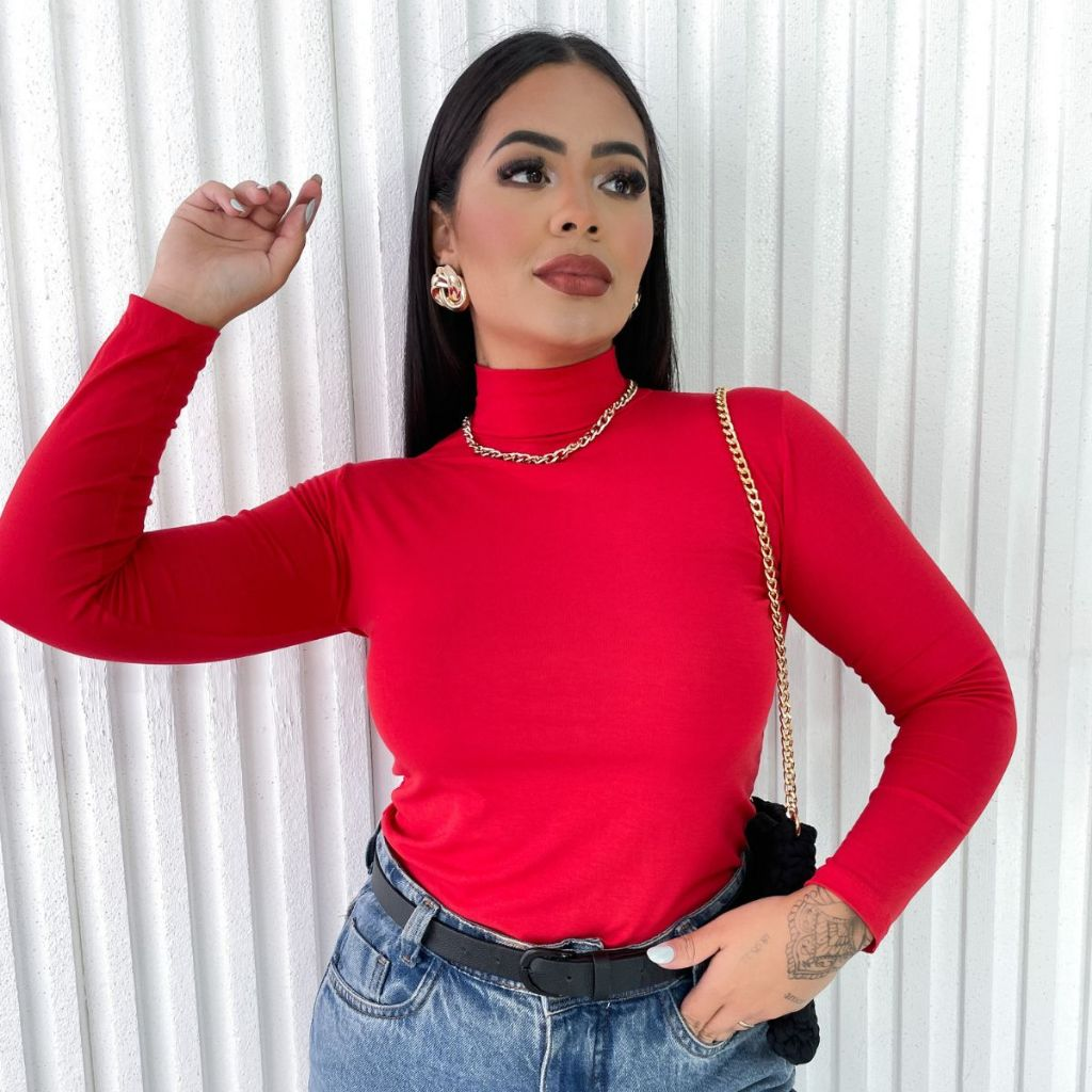Blusa Feminina Cacharrel Gola Alta Manga Longa Segunda Pele Básica Elegante