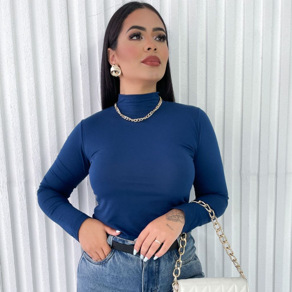 Blusa Feminina Cacharrel Gola Alta Manga Longa Segunda Pele Básica Elegante