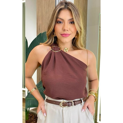 Blusa Feminina Decote de Um Obro Só Manga Mula Manca Com Fivela Elegante Casual , Básica Verão.