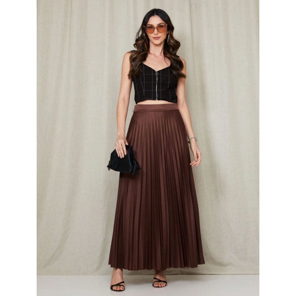 Saia Plissada Longa Evangélica Elegante Forrada Lisa