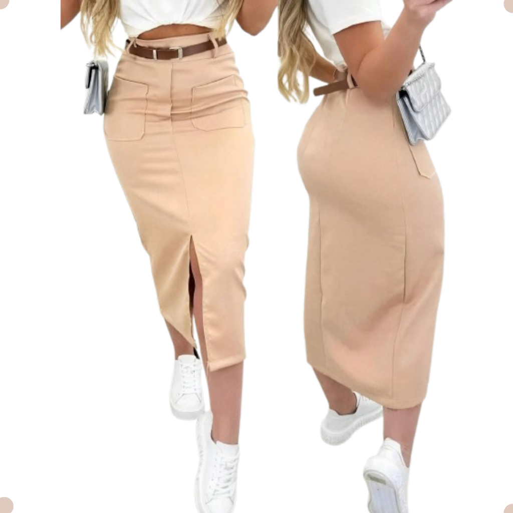 Saia Midi Alfaiataria Com Cinto Feminino Fenda e Bolsos Frontais Sofisticação e Versatilidade em Uma Só Peça.