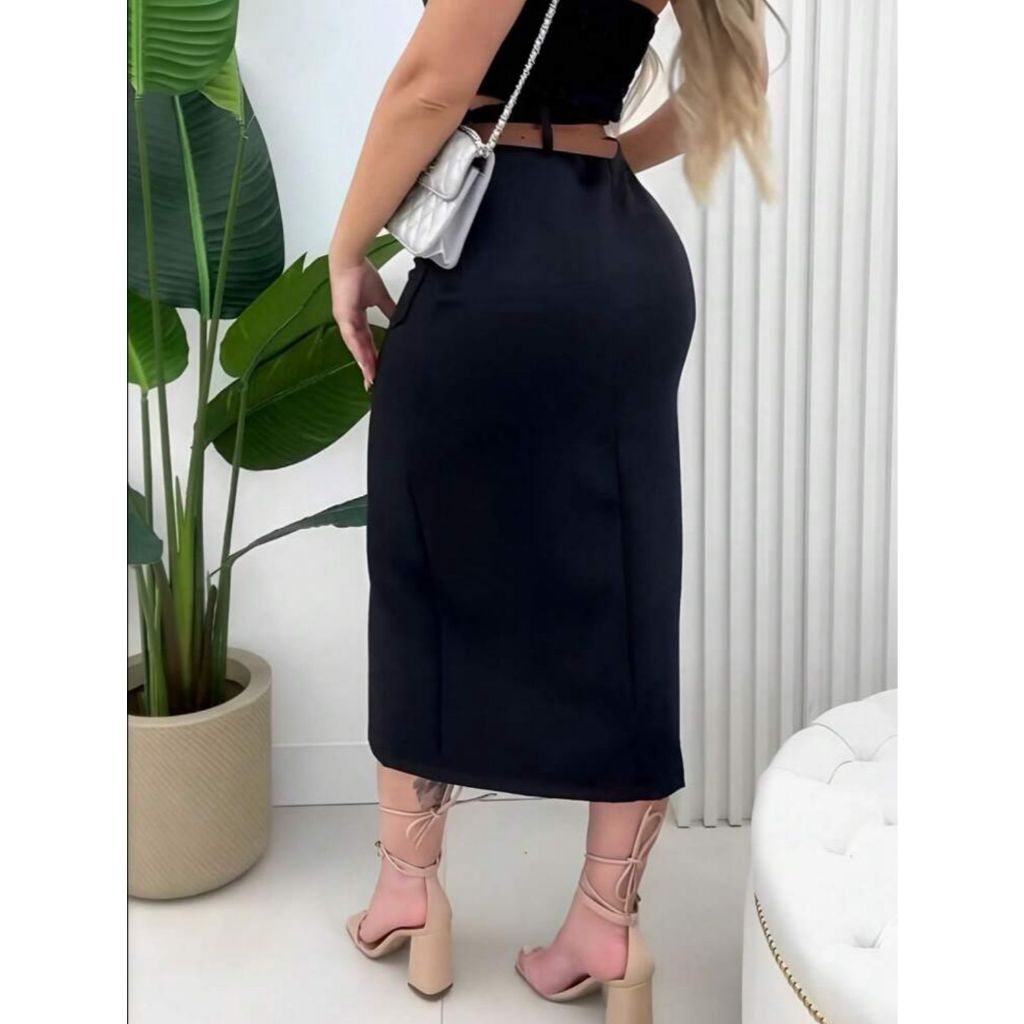 Saia Midi Alfaiataria Com Cinto Feminino Fenda e Bolsos Frontais Sofisticação e Versatilidade em Uma Só Peça.
