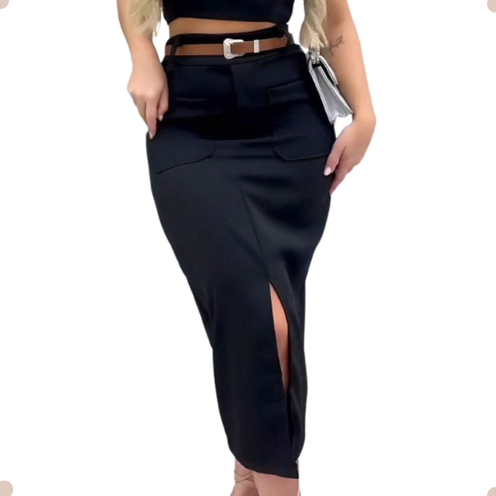Saia Midi Alfaiataria Com Cinto Feminino Fenda e Bolsos Frontais Sofisticação e Versatilidade em Uma Só Peça.
