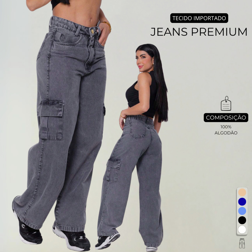 Calça Cargo Jeans Premium Feminino Com Bolsos Laterais Perna Larga + 5 Cores 10 ao 44