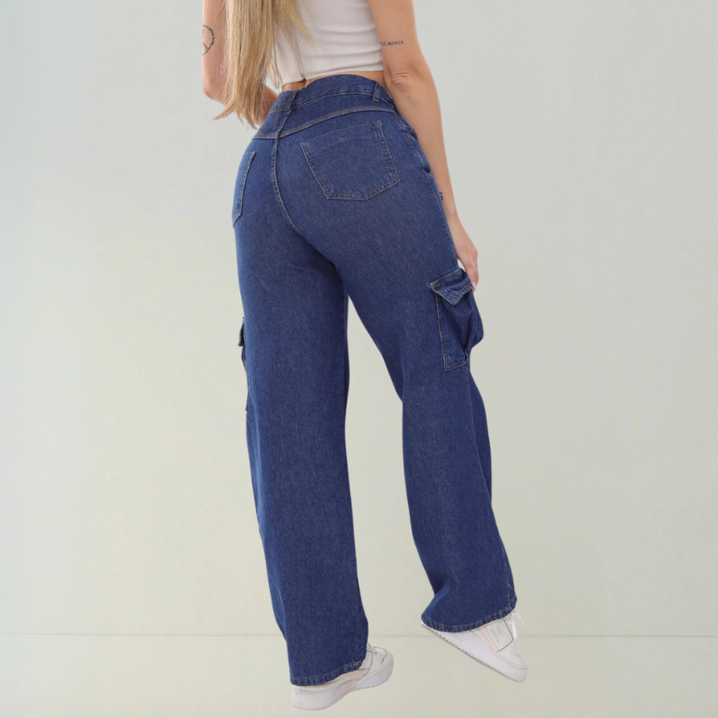 Calça Cargo Jeans Premium Feminino Com Bolsos Laterais Perna Larga + 5 Cores 10 ao 44
