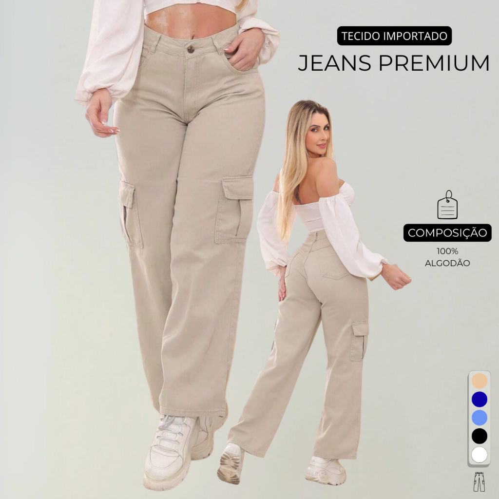 Calça Cargo Jeans Premium Feminino Com Bolsos Laterais Perna Larga + 5 Cores 10 ao 44