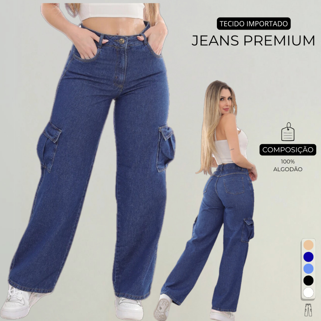 Calça Cargo Jeans Premium Feminino Com Bolsos Laterais Perna Larga + 5 Cores 10 ao 44