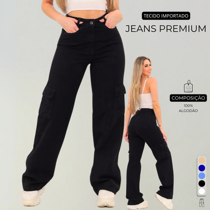 Calça Cargo Jeans Premium Feminino Com Bolsos Laterais Perna Larga + 5 Cores 10 ao 44