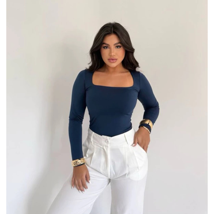 Blusa SUPLEX feminina Manga Longa Decote Gola Quadrada Moda Inverno