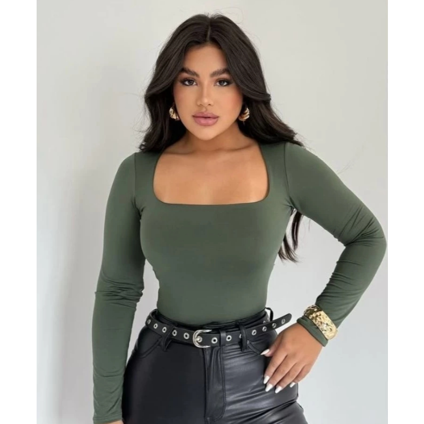 Blusa SUPLEX feminina Manga Longa Decote Gola Quadrada Moda Inverno