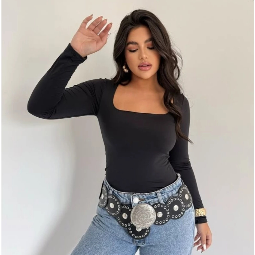 Blusa Feminina Suplex Manga Longa Gola Quadrada Elegante Moda Inverno