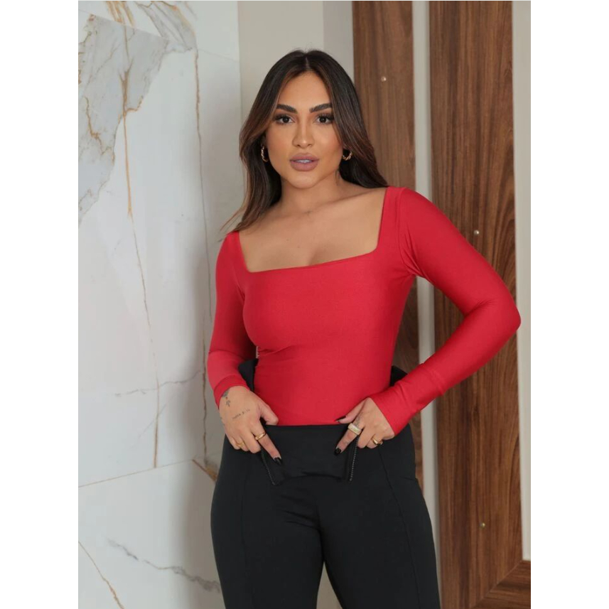 Blusa Feminina Suplex Manga Longa Gola Quadrada Elegante Moda Inverno