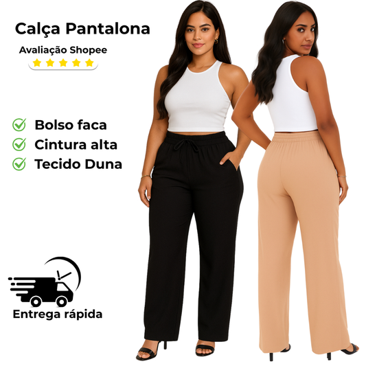 Calça Pantalona Feminina com Bolso Tecido Duna Corte Reto Alfaiataria e Cintura Alta P ao GG