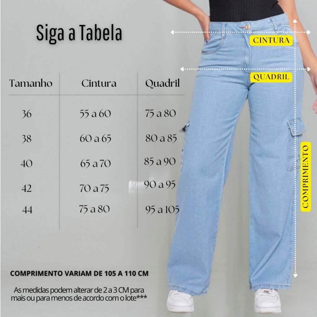 Calça Cargo Jeans Premium Feminino Com Bolsos Laterais Perna Larga + 5 Cores 10 ao 44