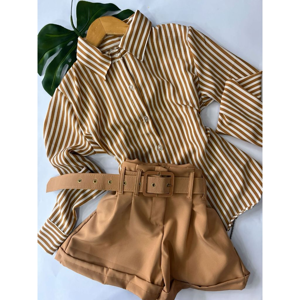 Camisa Social Manga Longa Feminina Crepinho Listrado