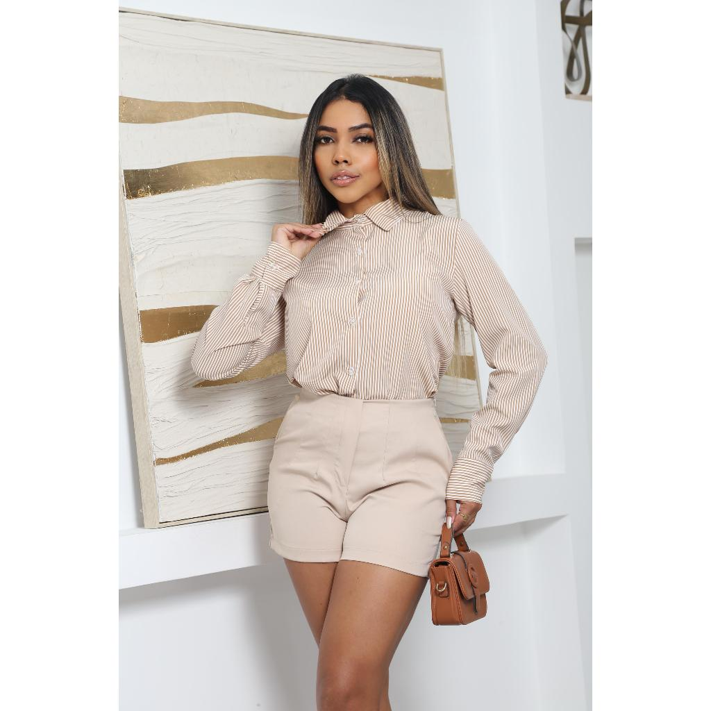 Camisa Social Manga Longa Feminina Crepinho Listrado