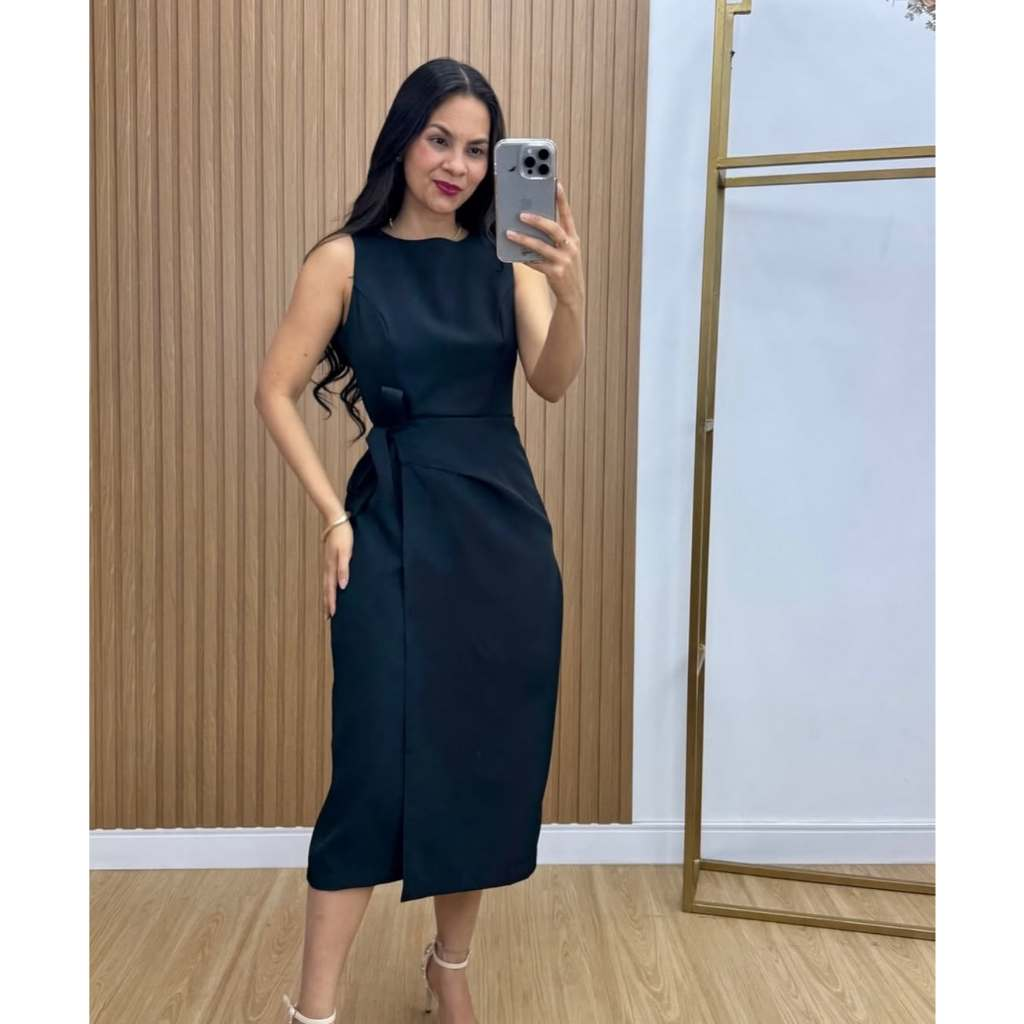 Vestido Feminino Alfaiataria Midi com Amarração Lateral Elegante | PMG