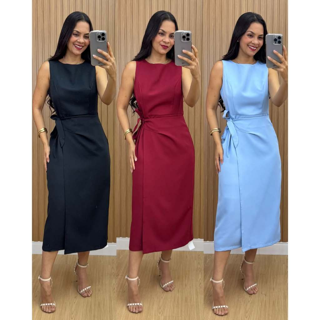 Vestido Feminino Alfaiataria Midi com Amarração Lateral Elegante | PMG