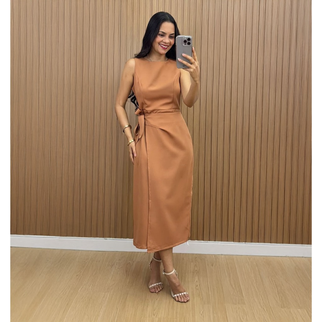 Vestido Feminino Alfaiataria Midi com Amarração Lateral Elegante | PMG