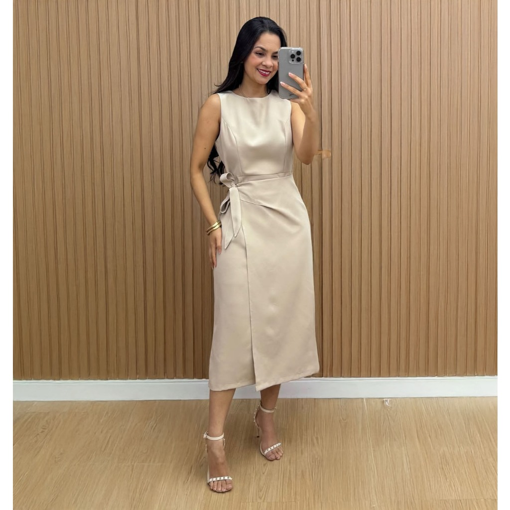 Vestido Feminino Alfaiataria Midi com Amarração Lateral Elegante | PMG