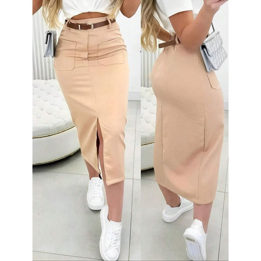 Saia Midi Alfaiataria Com Cinto Feminino Fenda e Bolsos Frontais Sofisticação e Versatilidade em Uma Só Peça.