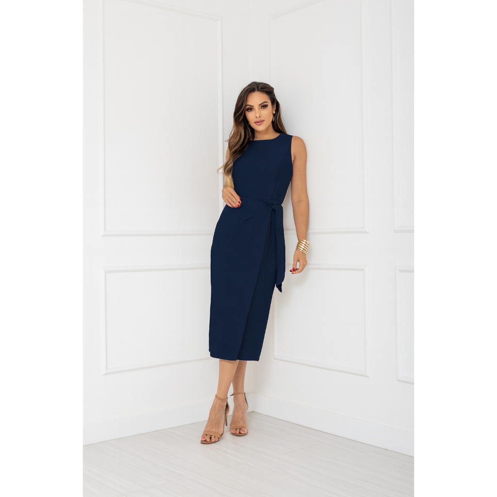 Vestido Feminino Alfaiataria Midi com Amarração Lateral Elegante | PMG