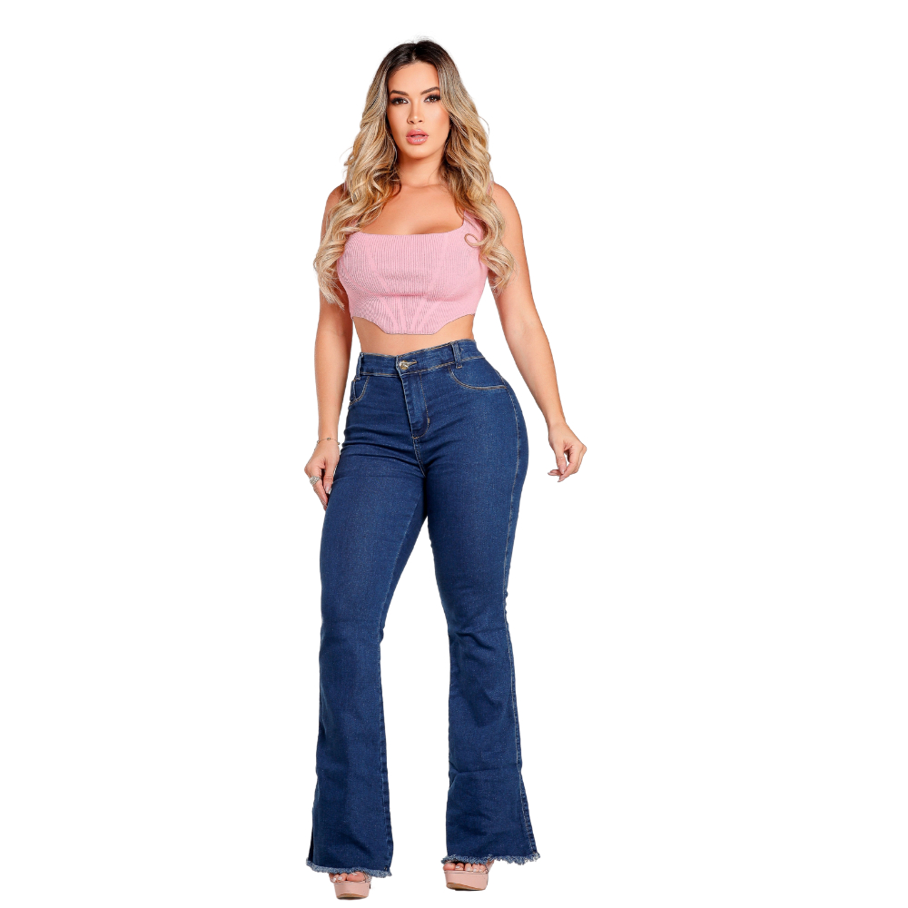 Calça Jeans Feminina Flare Marmorizada Lycra Modelagem Empina Bumbum Barra Desfiada