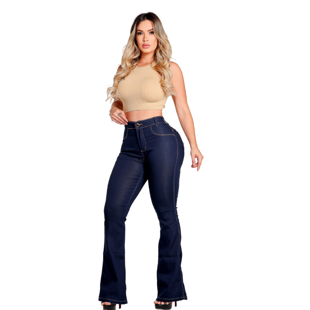 Calça Jeans Feminina Flare Marmorizada Lycra Modelagem Empina Bumbum Barra Desfiada