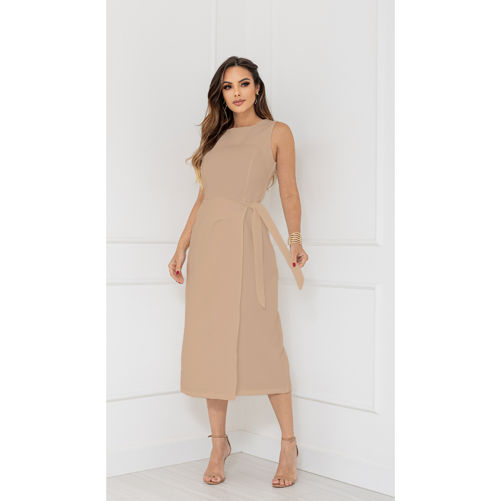 Vestido Feminino Alfaiataria Midi com Amarração Lateral Elegante | PMG