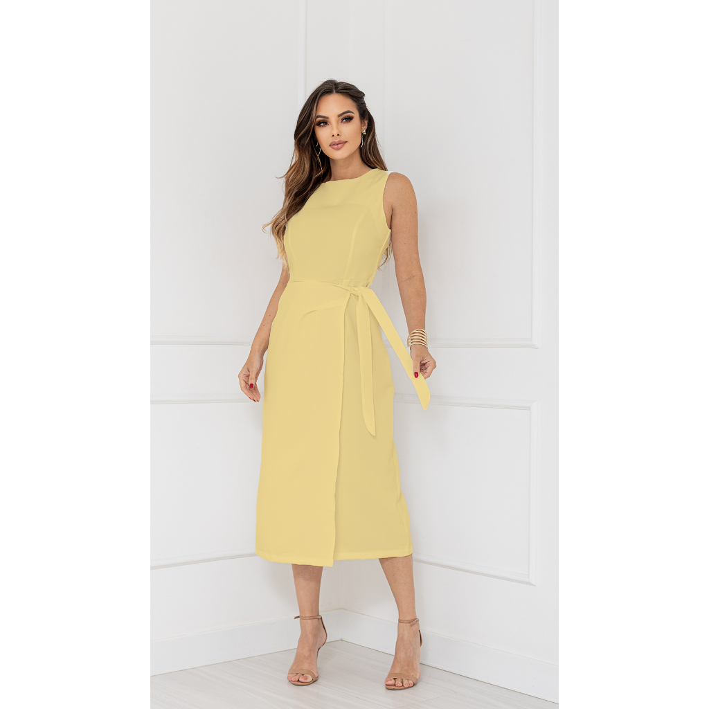 Vestido Feminino Alfaiataria Midi com Amarração Lateral Elegante | PMG