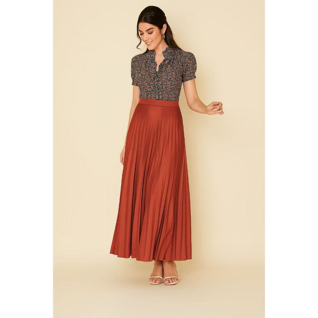 Saia Plissada Longa Evangélica Elegante Forrada Lisa