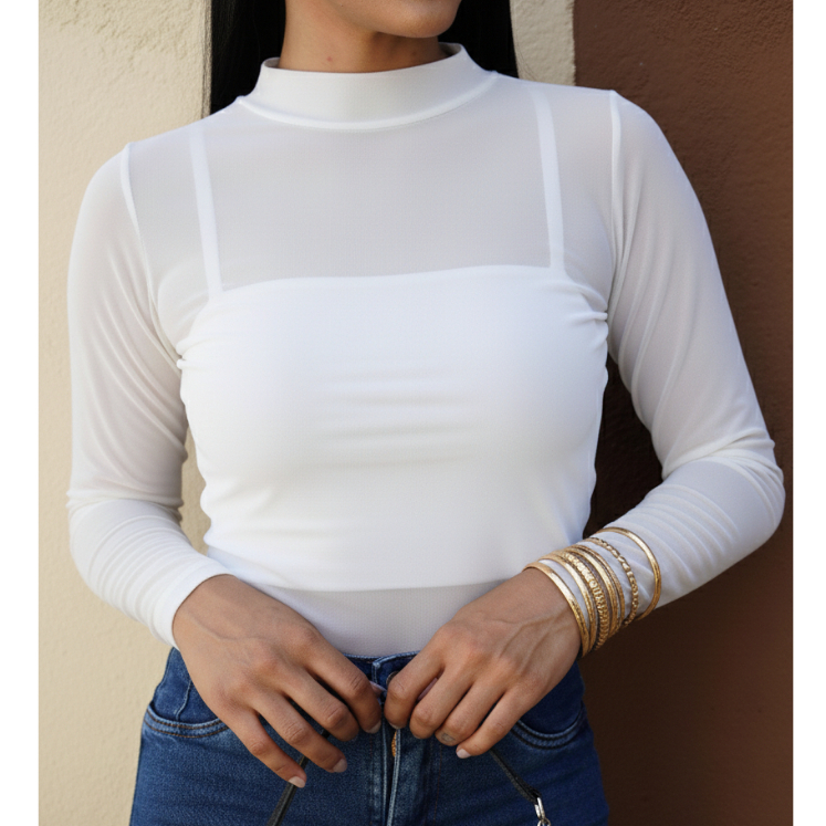 Blusa Feminina Tule Manga Longa Transparente Gola Alta Segunda Pele Tendência