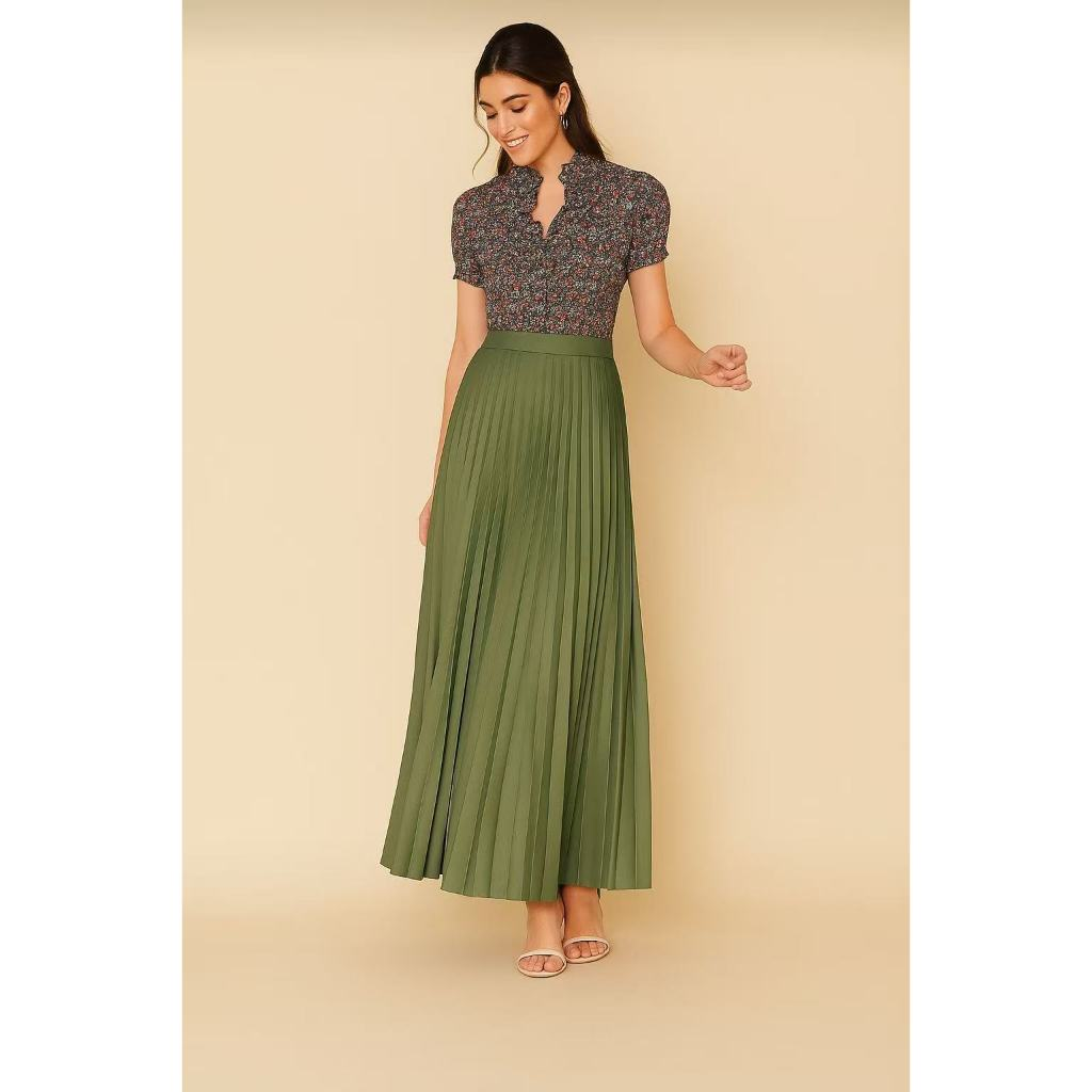 Saia Plissada Longa Evangélica Elegante Forrada Lisa