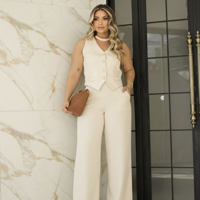 Conjunto na Alfaiataria Calça Pantalona + Colete Social Escritório Plus SIze