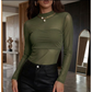 Blusa Feminina Tule Manga Longa Transparente Gola Alta Segunda Pele Tendência