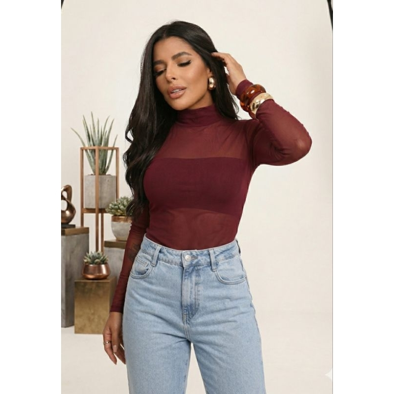 Blusa Feminina Tule Manga Longa Transparente Gola Alta Segunda Pele Tendência