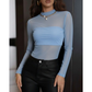 Blusa Feminina Tule Manga Longa Transparente Gola Alta Segunda Pele Tendência