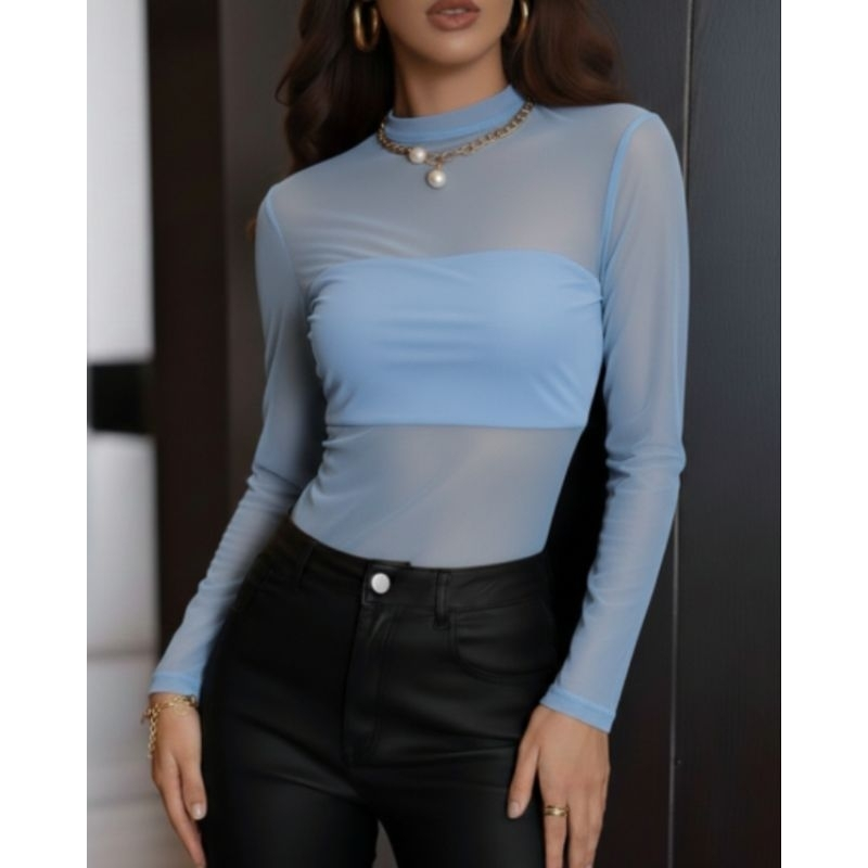 Blusa Feminina Tule Manga Longa Transparente Gola Alta Segunda Pele Tendência