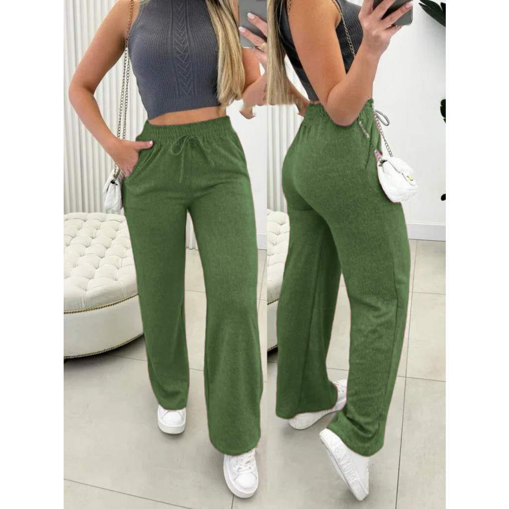 Calça Pantalona Lanzinha Feminina Cintura Alta Com Elastico De e Bolso Outono / Inverno Promoção
