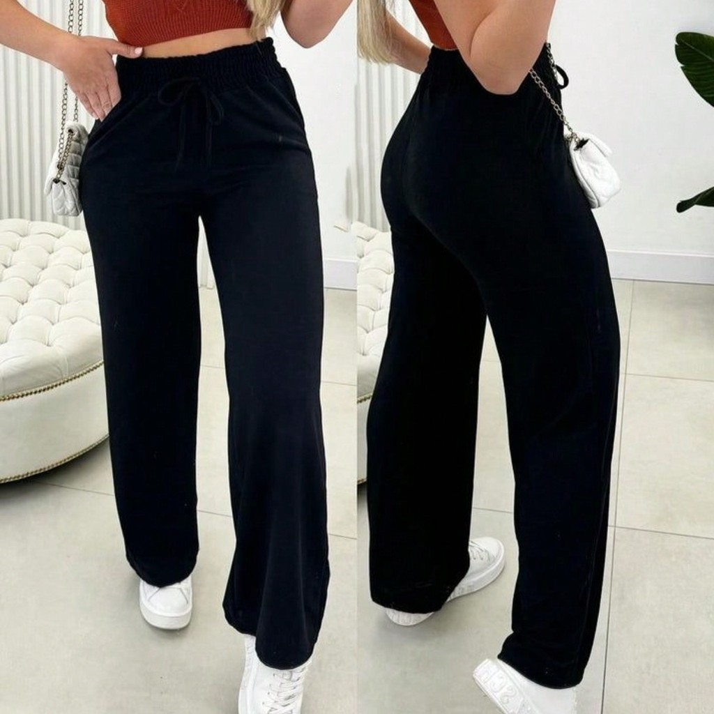 Calça Pantalona Lanzinha Feminina Cintura Alta Com Elastico De e Bolso Outono / Inverno Promoção