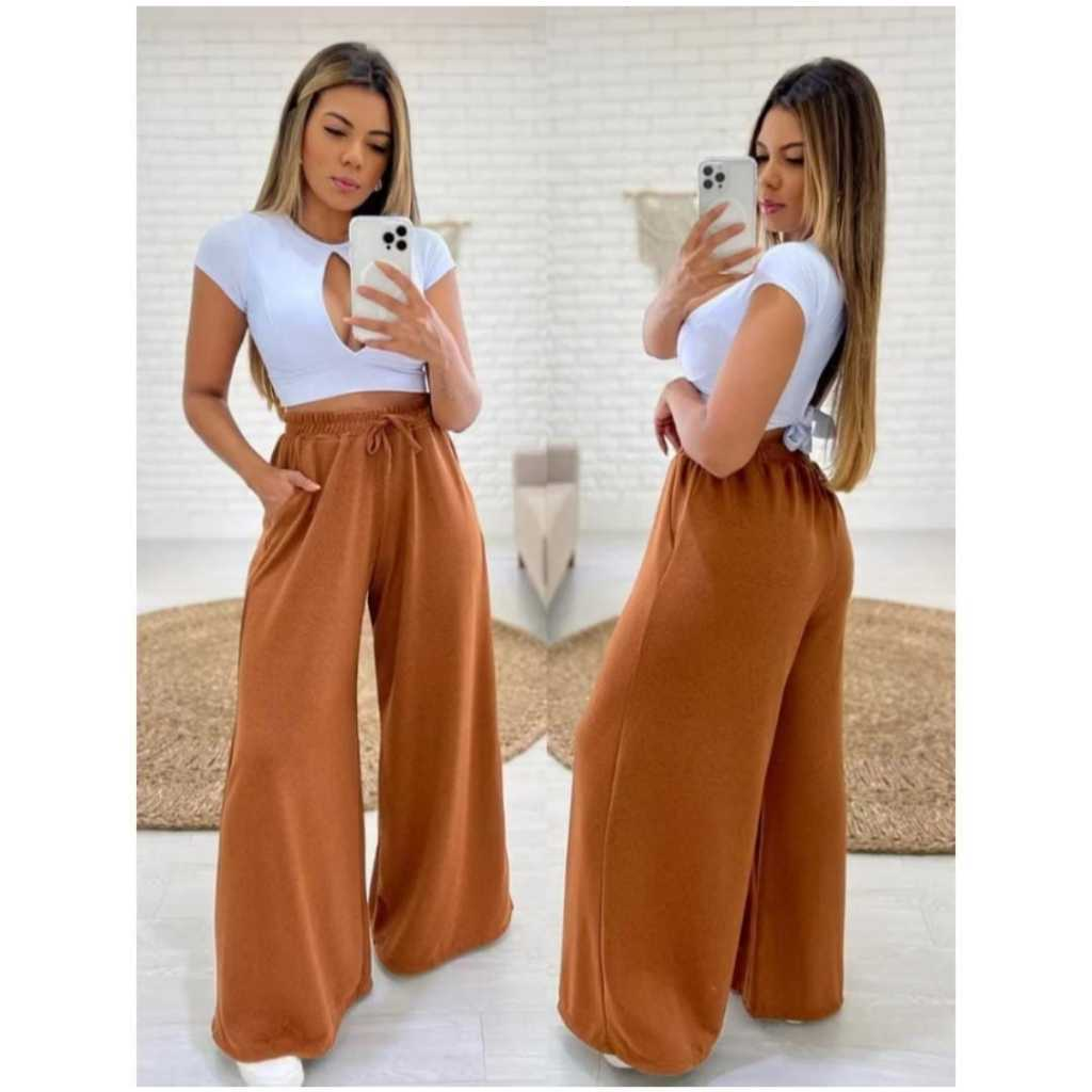 Calça Pantalona Lanzinha Feminina Cintura Alta Com Elastico De e Bolso Outono / Inverno Promoção
