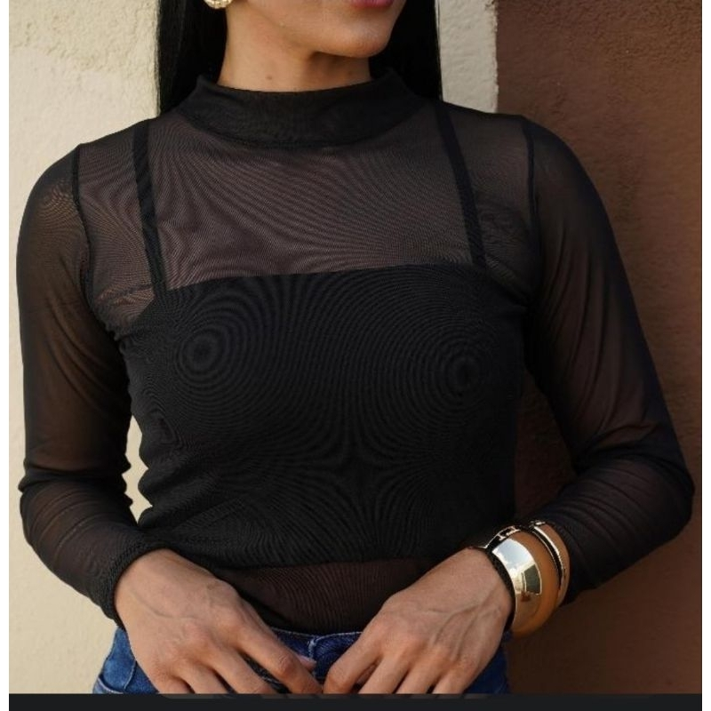Blusa Feminina Tule Manga Longa Transparente Gola Alta Segunda Pele Tendência