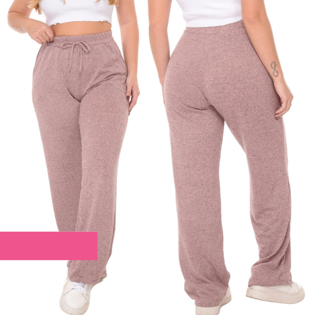 Calça Pantalona Lanzinha Feminina Cintura Alta Com Elastico De e Bolso Outono / Inverno Promoção