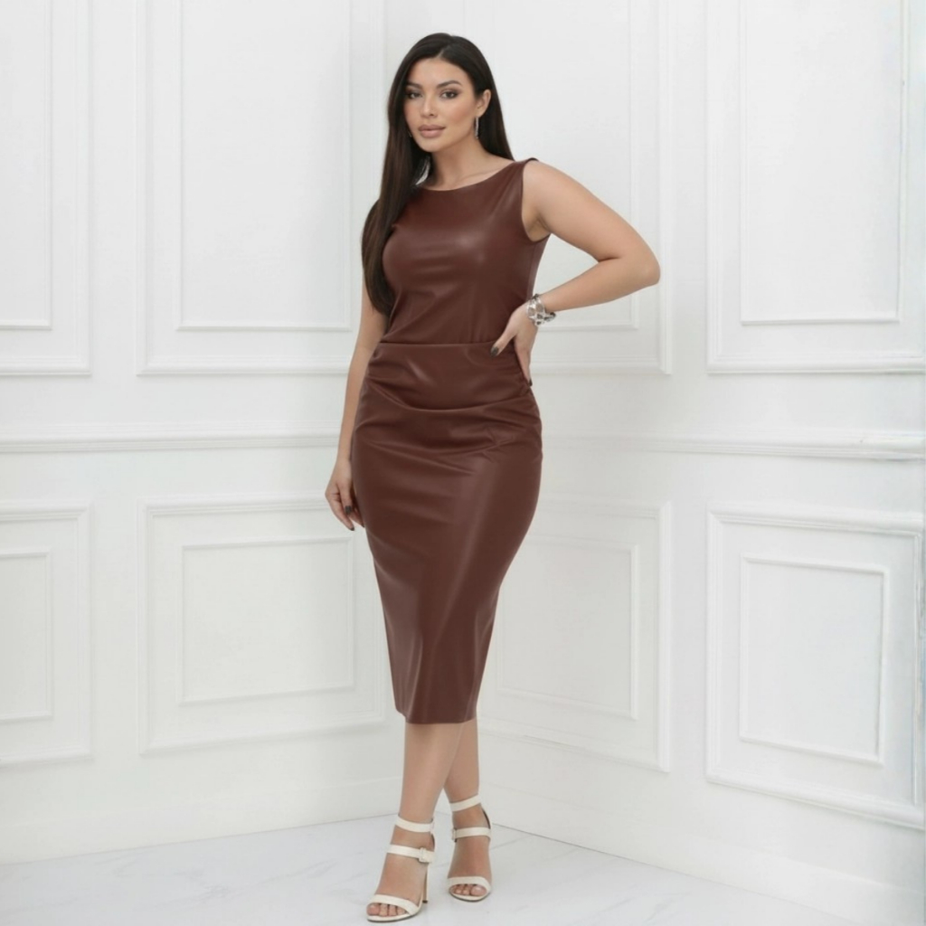 Vestido Feminino Longuete Couro Sintético Regata Soltinho Elegante Midi