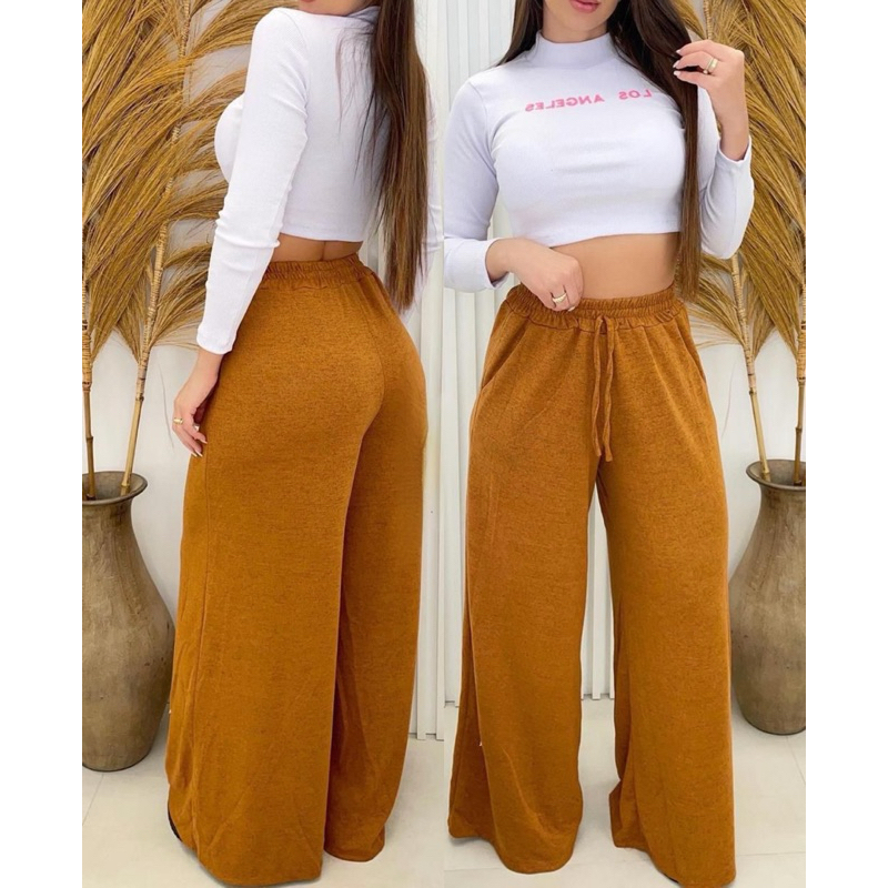 Calça Pantalona Lanzinha Feminina Cintura Alta Com Elastico De e Bolso Outono / Inverno Promoção