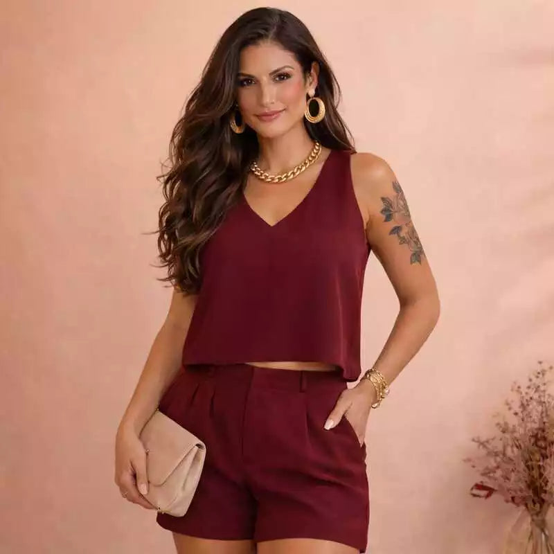 Conjunto Alfaiataria Feminino Blusa Sem Manga e Short com Bolso Elegante