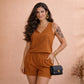 Conjunto Alfaiataria Feminino Blusa Sem Manga e Short com Bolso Elegante